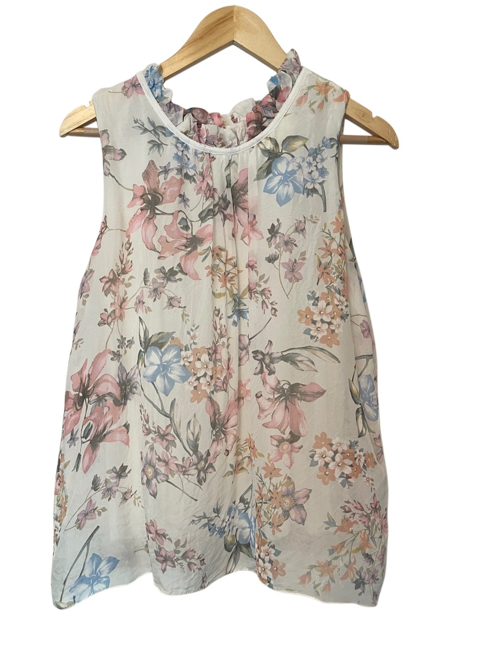 Elena Baldi Sleeveless Floral Silk Lined Tank Top Blouse Ruffle Neck Italy Sz M